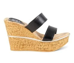 Best Sale ๐ Women's Love And Liberty Brooklyn Platform Wedge ๐ฉด Sandals Black Leather โญ